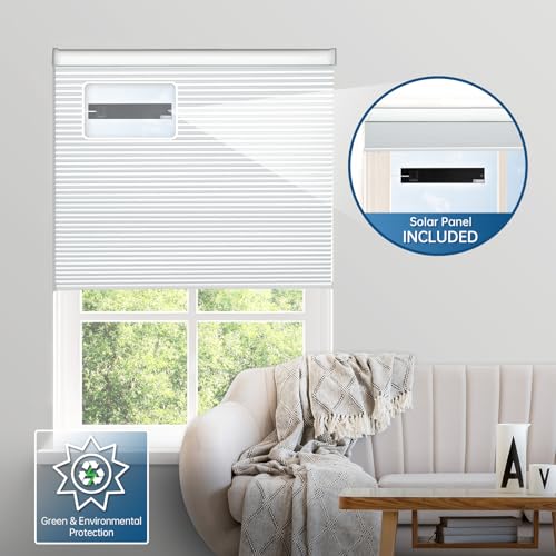 Free Solar Panel Solar-Powered Cordless Motorized Blackout Blinds, 35" Wx64", White